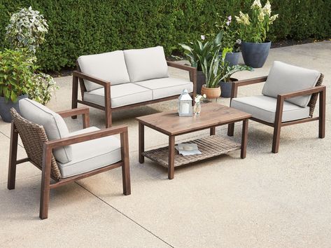 Arrives by Tue, Jun 6 Buy Better Homes & Gardens Willow Springs 4 Piece Conversation Set at Walmart.com Rattan Outdoor Furniture, Outdoor Living Furniture, Wood Patio Furniture, Furniture Sofa Set, Outdoor Conversation Sets, Rattan Furniture Set, Patio Inspiration, Outdoor Furniture Sofa, Patio Pool