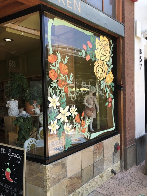 Boutique Window Painting Ideas, Cafe Window Painting, Window Painting Ideas Business, Window Flower Painting, Floral Window Art, Flower Window Art, Window Painting Business, Store Window Painting Ideas, Painted Window Display