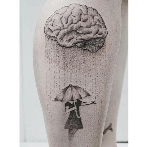 Rain Tattoo Sleeve, Day Dream Tattoo, Brain Tattoo Design, Rain Tattoo Ideas, Birch Tree Tattoos, Tatto Designs, Rain Tattoo, Brain Tattoo, Umbrella Photo