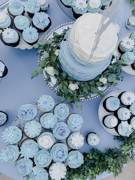 Dusty Blue Wedding Desserts, Navy And Dusty Blue Wedding Cake, Dusty Blue Bridal Shower Cake, Dusty Blue Wedding Dessert Table, Wedding Cake Sky Blue, Pastel Blue Wedding Cake, Dusty Blue Desserts, Dusty Blue Wedding Cake With Cupcakes, Dusty Blue Wedding Cupcakes