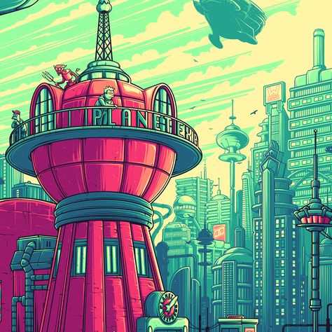 FUTURAMA — DAN MUMFORD Dan Mumford, Matt Groening, Adventure Time Art, Futuristic City, Futurama, Classic Movies, Animation Series, The Simpsons, Android Wallpaper