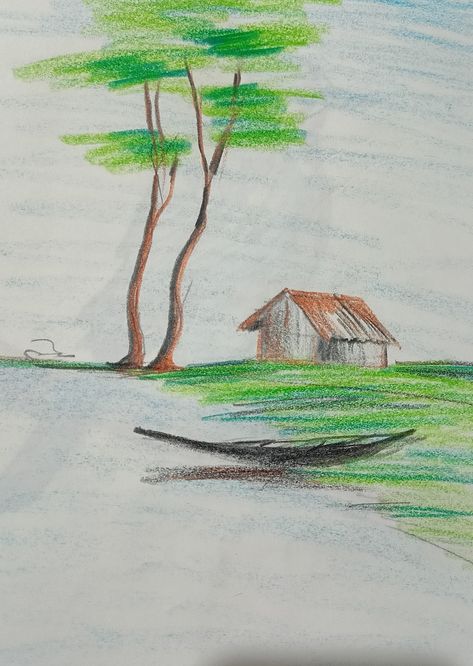 landscape , rural environment drawing , plastic crayon color , Plastic Crayons Drawing, Senary Drawing, Crayons Drawing, Environment Drawing, Water Color Pencil, Color Pencil, Railway Station, Colored Pencils, Crayon