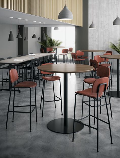 Bryn Bar-Height Stools rust color upholstery in restaurant High Table And Chairs, Office Break Room, Tile Floor Living Room, Church Interior Design, Lounge Club, Standing Table, Cafe Furniture, Church Interior, Bar Height Table