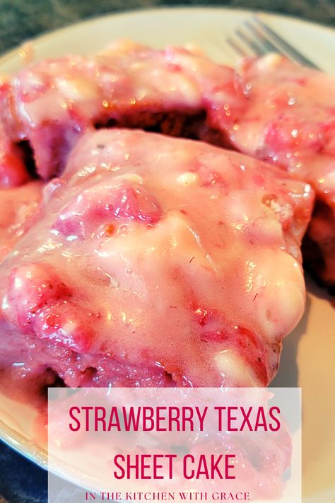 Delicious Strawberry Texas Sheet Cake! #desserts #cake #texassheetcake #strawberrycake #strawberries #cakerecipes #easycakerecipes #birthdaycake #strawberryfrosting #homemadefrosting #frostingrecipes Strawberry Texas Sheet Cake, Strawberry Texas Sheet Cake Recipe, Sheet Cake Desserts, Sheet Cake Strawberry, Strawberry Sheet Cakes, Texas Sheet Cake Recipe, Texas Sheet, Cake Strawberry, Desserts Cake