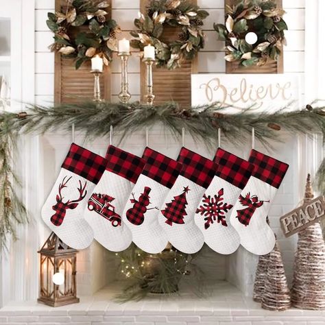 Set of 8 Christmas Stocking(20inch) Silhouette Buffalo Red Plaid/Rustic/Farmhouse/Country Cotton Buffalo Plaid Quilt, Fireplace Hanging, Christmas Stocking Decorations, Christmas Tree And Fireplace, Buffalo Plaid Christmas Decor, Plaid Stockings, Family Christmas Stockings, Plaid Christmas Decor, Season Decor