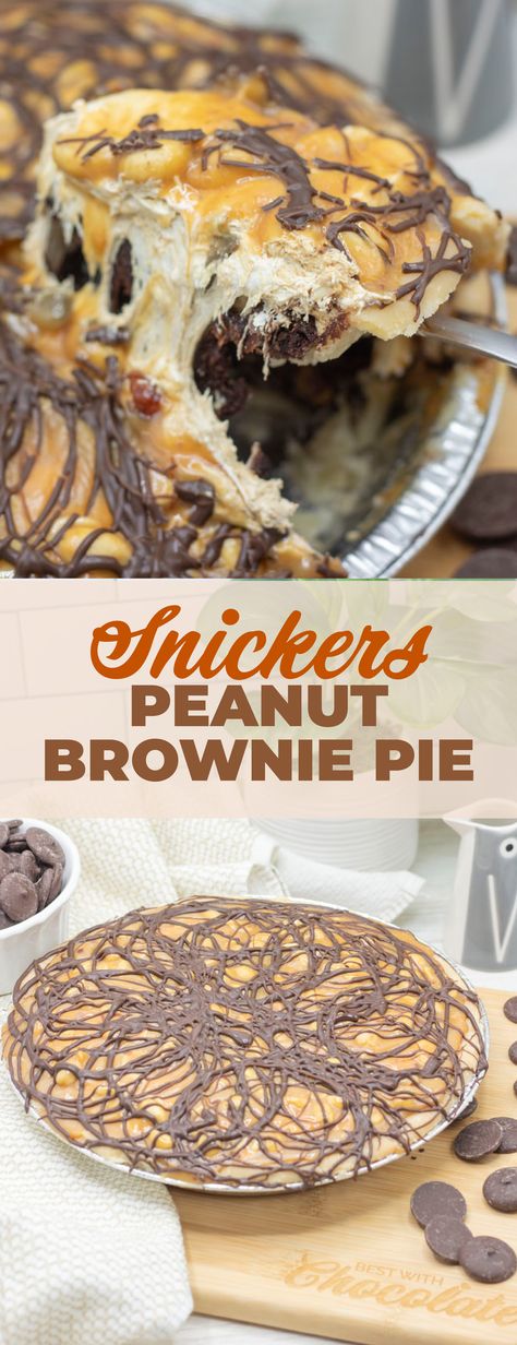 snickers brownie pie; Pb Desserts, Peanut Brownies, Snickers Pie, Snicker Brownies, Strawberry Sugar Cookies, Paula Dean, Brownie Pie, Pie Slice, Peanut Butter And Chocolate