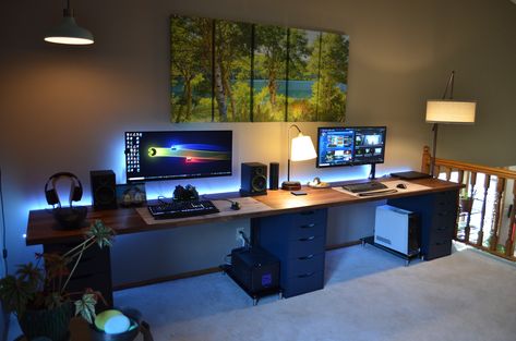 Ikea Gaming Desk, Couple Gaming Room Setup, Games Room Inspiration, Diy Computer Desk, Bedroom Workspace, Gaming Desk Setup, Dream Desk, Long Desk, Computer Desk Setup