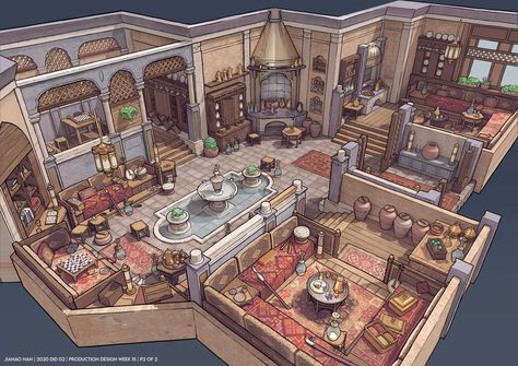 Feng Zhu Design, Interior Concept Art, Feng Zhu, Fantasy Shop, Fantasy Rooms, Building Concept, Rpg Map, Classic Vibe, Isometric Art