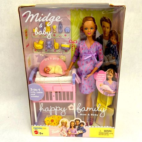 This 2002 Barbie Happy Family Set Includes A Pregnant Midge Doll, Her Baby And A Variety Of Accessories For Both Mom And Baby. The Doll Is 11 Inches Tall With Light Red, Straight Hair And Blue Eyes. The Set Is New And In Its Original (Unopened) Packaging. This Collector Toy Is Part Of The Happy Family Series And Features An Anatomically Correct, Articulated Doll With Light Complexion. The Set Includes A Blanket, Bottle, And Other Doll Accessories. Doll Is Mint, Bought And Stored. Never Removed From Box. Box Is In Great Condition With Minor Wear As Shown. See Pictures As They Are Part Of The Description. As With Many Vintage Barbies, The Rubber Bands Dry Out And The Glue Can Dry Out.