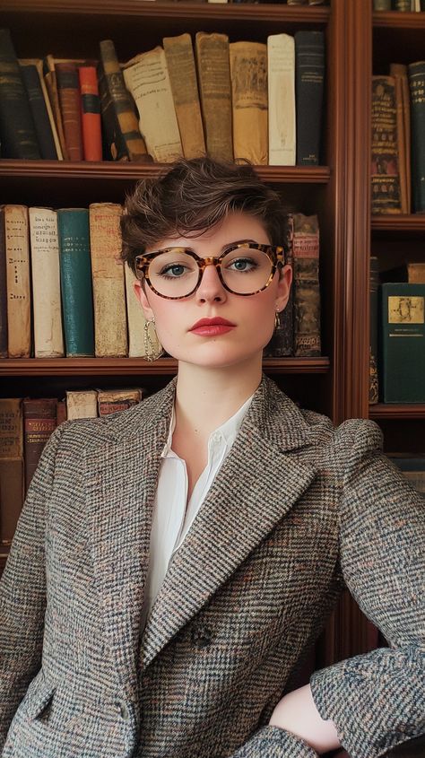 Embrace Virgo librarian chic with a tweed blazer, cat-eye glasses, and book accessories against a library backdrop. Perfect the intellectual fashion aesthetic effortlessly. Librarian Clothes, Librarian Chic Outfits, Librarian Core, Librarian Aesthetic, Optical Glasses Women, Zodiac Fashion, Librarian Style, Librarian Chic, Nerd Fashion