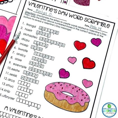 Engage your 3rd, 4th and 5th grade students with these fun Valentine's Day word work activities. Students will work on holiday themed vocabulary, spelling, writing and more! These no prep Valentine resources allow you to quickly and easily fill your lesson plans with Valentine's Day activities and puzzles your students will love. This post also includes ideas for extending the activities or providing additional challenge activities for your students. #upperelementary #wordwork #ValentinesDay 5th Grade Valentine Ideas, Morning Work Activities, Valentines Day Words, Teaching Printables, Valentine Messages, Challenges Activities, Fun Brain, Spelling Patterns, Word Work Activities