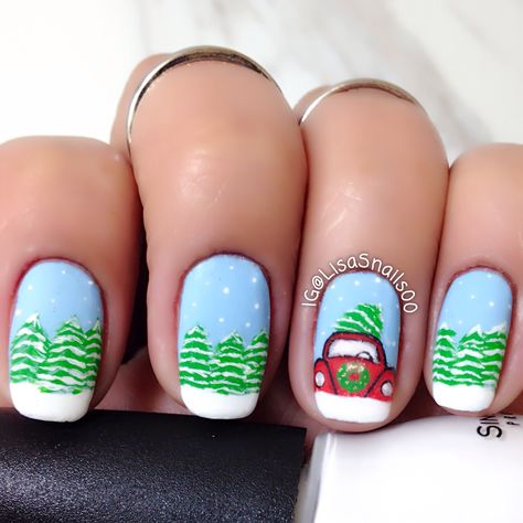 Red Truck Christmas Nails, Red Truck Nails, Christmas Truck Nails, Truck Nails, Christmas Tree Nail Art, Holiday Nails Winter, Christmas Tree Nails, Tree Nails, Lovely Nails