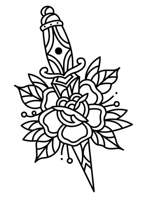 Vector Knife and Flower Traditional Tattoo Design. Flower Traditional Tattoo, Traditional Tattoo Vector, American Traditional Tattoo Design, Traditional Dagger Tattoo, Traditional Tattoo Outline, Half Sleeve Tattoos Sketches, Traditional Tattoo Stencils, Flower Tattoo Stencils, Illusion Tattoos