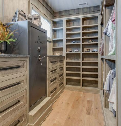 Open Master Closet In Bedroom, Safe In Master Closet, Walk In Closet With Safe, Built In Safe Closet, Master Closet With Safe, Master Closet Ideas Walk In His And Hers, Safe In Bedroom, Master Closet In Bathroom, Master Closet With Island