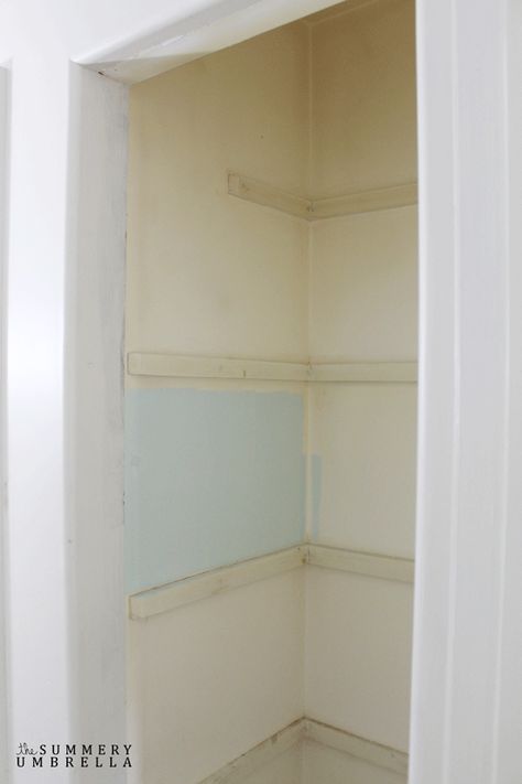 Open Closet In Hallway, Bathroom Open Closet Storage, Linen Closet End Of Hallway, Open Closets Ideas, Bathroom Closets With No Door, Over The Door Linen Closet Storage, Doorless Linen Closet, Big Linen Closet, Bathroom Linen Closet Makeover