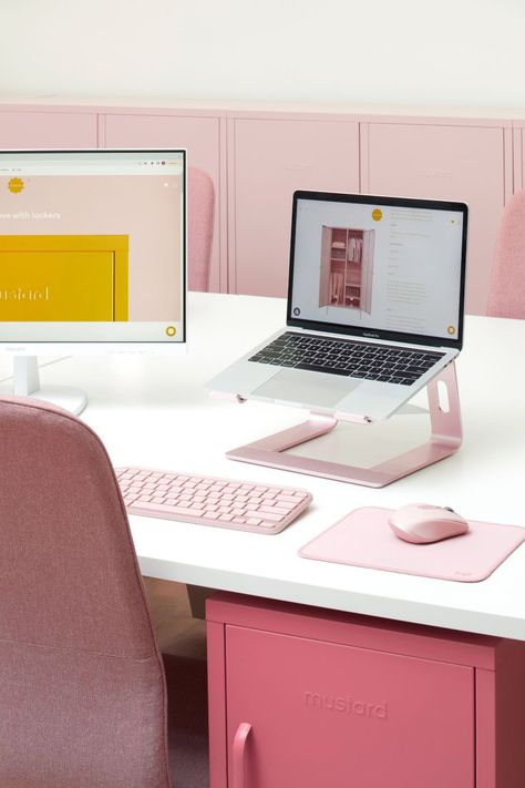 On the blog we are sharing lots of lovely pink workspaces to inspire your home office. #mustardmade #locker #workspace #organise #organize Pink Working Space, Pink Desk Office, Pink Office Accessories, Pink Office Setup, Pink Office Aesthetic Business, Pink Workshop, Pink Workspace, Pink Home Office Ideas, Pink And White Office