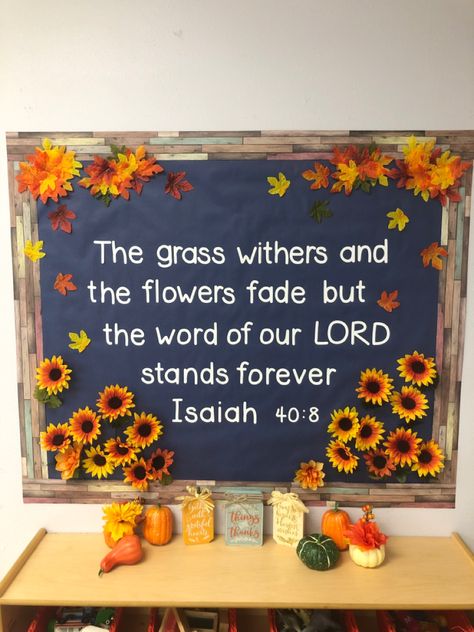 October Bulletin Board Ideas Christian, Christian Fall Decor Ideas, Church Fall Bulletin Board Ideas, Sunday School Fall Bulletin Boards, Fall Bible Bulletin Board Ideas, Scripture Bulletin Board Ideas, Fall Church Signs, September Church Bulletin Board Ideas, Bible Class Bulletin Boards