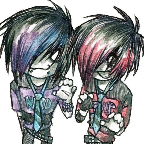 Scenemo Art Style, Scene Drawings Emo, Matching Zombie Pfps, Matching Pfp Scene, Emo Couple Art, Scene X Emo, Emo Drawing 2000s, Scene Pfp Matching, Emo Couple Drawing