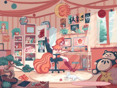 Gamer Girl Room, Gamers Anime, Japanese Drawings, Twitch Streamer, Pixel Art Games, Anime Room, Family Illustration, Gamer Room, Art Style Inspiration