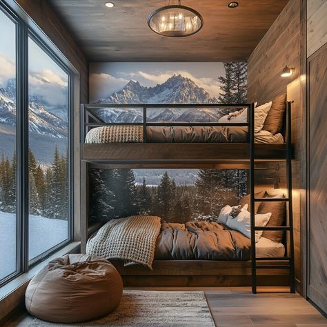 mountain bunk room • Instagram Air Bnb Bunk Room, Mountain Bunk Room, Cabin Kids Bedroom, Mountain Cabin Bedroom, Cabin Bunk Room, Mountain Airbnb, Cabin Bedrooms, Mountain Home Interiors, Lodge Bedding