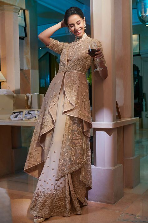 Organza Sharara, Sahil Kochhar, Organza Jacket, Pakaian Feminin, Beige Silk, Designer Party Wear Dresses, Designer Dresses Casual, Boutique Dress Designs, Stylish Party Dresses