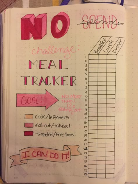 Wanted to create a tracker for my meal spending, which is primarily where my $$ goes each month! Wish I had done better with the lettering, but I’m learning! #spendingtracker #bulletjournal #mealtracker Bujo Meal Tracker, Meal Tracker Bullet Journal, Spending Tracker Bullet Journal, Food Tracker Bullet Journal, Adulting Journal, Monthly Tracker Ideas, Bujo Mars, Trackers Ideas, Bullet Journal Graph