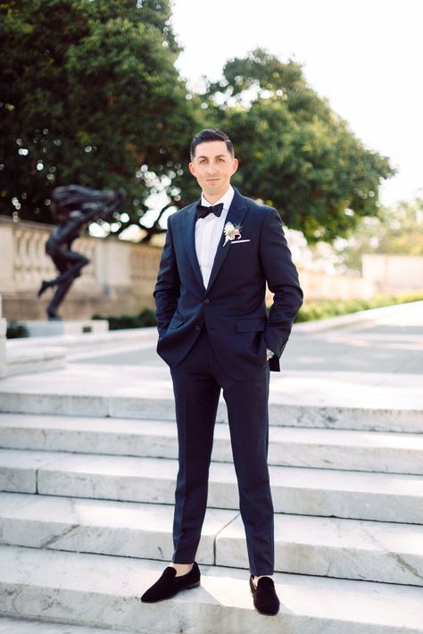 Navy suit for the groom #navysuit #groomsuit #weddingshoes #nosocks #bowtie Navy Blue Suit With Bow Tie, Navy Wedding Suit Groom, Classic Vintage Wedding, Mens Navy Suit, Navy Suit Wedding, Bow Tie Suit, Semi Formal Wedding, Blue Suit Men, Dress Code Wedding