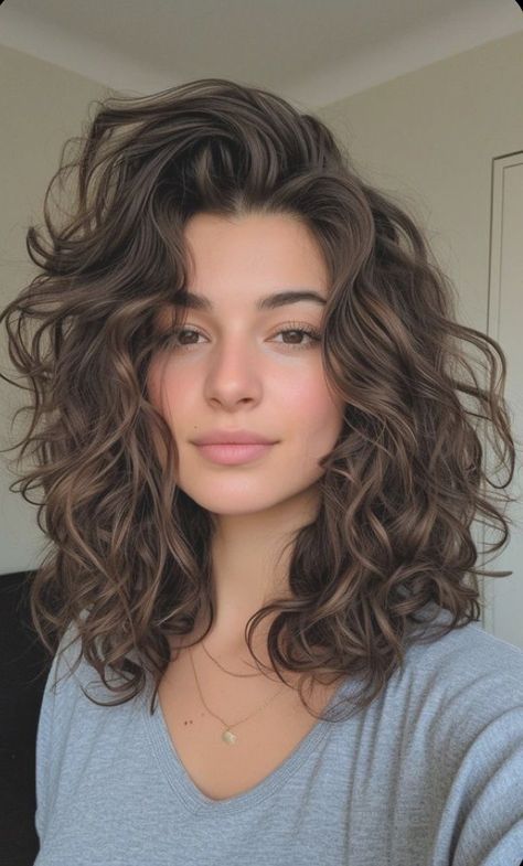 Cool Toned Brown Curly Hair, Medium Length Haircut Full Face, Medium Length Haircut Wavy Hair Layers, Medium 2b Haircut, Medium Fine Curly Haircuts, Collar Bone Length Curly Hair Natural, Perm Round Face, Hair Colors For Dark Brown Eyes, Hair Cuts For Round Faces Wavy Hair