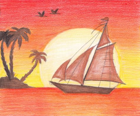 Sunset Pencil Drawing, Sunset Drawing Easy, Sunset Painting Easy, Sunset Drawing, Dolphin Drawing, Drawing Sunset, Beach Sunset Painting, Sea Drawing, Color Pencil Sketch