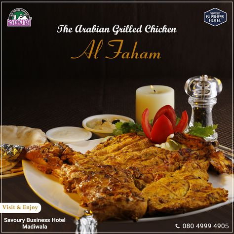 Alfahm is an amazingly simple yet exquisite Arabian grilled chicken from Savoury to make your weekend flavourful. Please visit Our Restaurant to relish the mouthwatering spicy dish.  #alfaham #alfahamdejaj #dejaj #alfahamchicken #nonveg #foodlove #foodies #foods #bangalorefoodies #savoury #restaurant #savourymadiwala #madiwala #bengaluru Alfaham Chicken Photography, Alfahm Chicken, Alfaham Chicken, Chicken Photography, Chicken Poster, Spicy Dishes, Chicken Dish, Food Poster Design, Food Poster