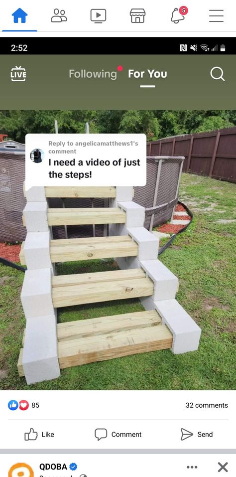 Cinderblock Pool Steps, Diy Pool Pathway, Diy Swimming Pools Ideas, Diy Wood Stairs For Above Ground Pool, Build A Deck Around An Above Ground Pool, Diy Pool Stairs Above Ground, Cinderblock Steps Diy, Diy Above Ground Pool Landscaping Backyard Ideas, Above Ground Pool Ladder Diy