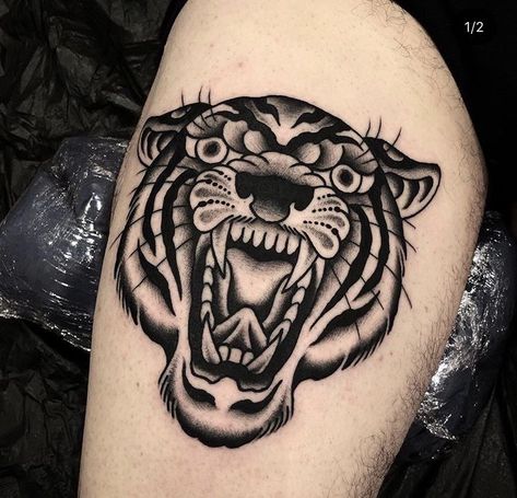 Traditional Tiger Tattoo Black, Black And Grey Tiger Tattoo, American Traditional Tiger Tattoo, American Traditional Tiger, White Tiger Tattoo, Traditional Tiger Tattoo, Traditional Tattoo Black And White, Tattoos For Females, Thigh Tattoo Men