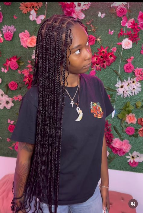 Medium Knotless Box Braids Long With Curls, Cute Individual Braids Hairstyles, Black Baddie Hairstyles Braids, Long Knotless Braids Medium, Goddess Medium Knotless Braids, Bohemian Knotless Braids With Curly Ends, Peekaboo Goodness Braids, Knotless Box Braids Medium Bohemian, Mid Knotless Braids