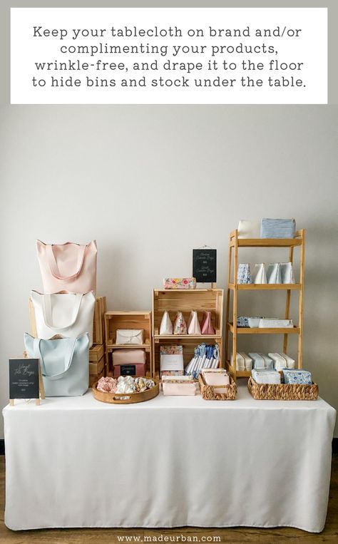 8 Ways to Make a Craft Show Display Look More Professional - Made Urban Diy Table Risers Display Ideas, Soap Vendor Booth Display Ideas, 10x10 Booth Layout, Craft Fair Banner, Booth Decorating Ideas Vendor, Booth Setup Ideas Vendor Events, Gift Shop Display Ideas, Market Table Display Ideas, Art Market Booth