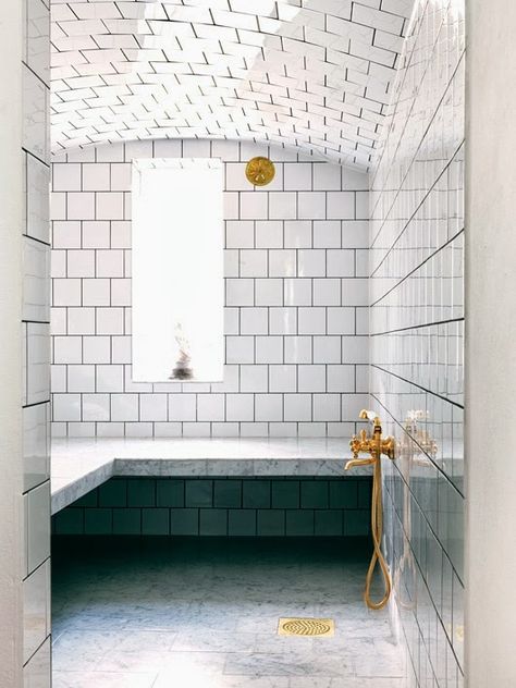 So we're considering what to do with our domed ceiling; this has 4 x 4 which is very nice and simple. The marble bench is another maybe for us. Bathroom Brass Fixtures, Bathroom With Brass Fixtures, White Marble Bathrooms, White Bathroom Tiles, Bathroom Ceiling, Gorgeous Bathroom, Ceiling Tiles, Marble Bathroom, Interior Photography