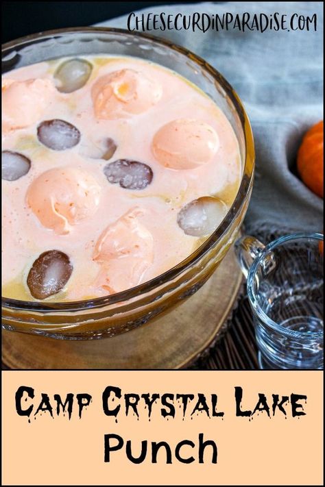 Camp Crystal Lake Punch is an creepy drink inspired by Friday the 13th and Camp Blood. No one loved Jason like his mother, and this drink is the perfect refreshment to show a little love to your guests. Apple cider, orange juice, white soda, and orange sherbet make an unforgettable drink.  #HalloweenTreatsWeek #Fridaythe13th #AppleCider #Punch #Sherbet Friday The 13 Snacks, Friday The 13th Recipes, Friday The 13 Desserts, Friday The 13th Meal Ideas, Friday The 13th Drinks, Friday The 13th Cocktail, Friday The 13th Drink Ideas, Friday The 13th Snacks, Friday The 13th Party Ideas Food