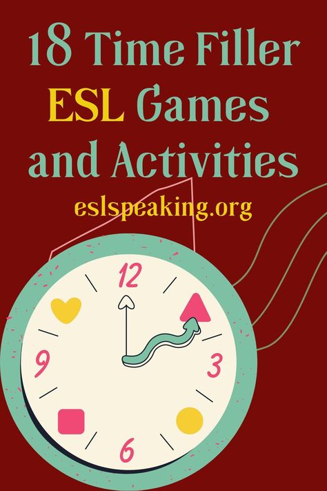 We’ve all been there—a few minutes left at the end of class but nothing planned. Or, you may even have an entire class thrown at you at the last minute and don’t have time to prepare. That’s where time filler ESL activities and games come in. Kill some time in style with these ideas! We’re here to help! #timefiller #classroomgames #esl #eslteachers #English #learningEnglish #Englishteachers #TEFL #teachingEnglish #englishteachers #teaching Esl Ideas For Adults, Esl Class Activities, Free Esl Lesson Plans, English Second Language Activities, Esl Games For Adults, Esl Games For The Classroom, English Class Ideas, Esl Games For Kids Teaching English, English Games Teaching