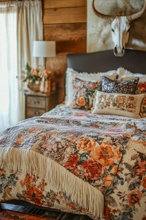 western ranch bedroom Western Romantic Bedroom, Modern Southwest Bedroom Ideas, Feminine Western Bedroom, Cowgirl Chic Bedroom, Retro Cowgirl Bedroom, Western Ranch House Decor, Cute Western Bedroom Ideas, Ranch Bedroom Ideas, Vintage Western Bedroom