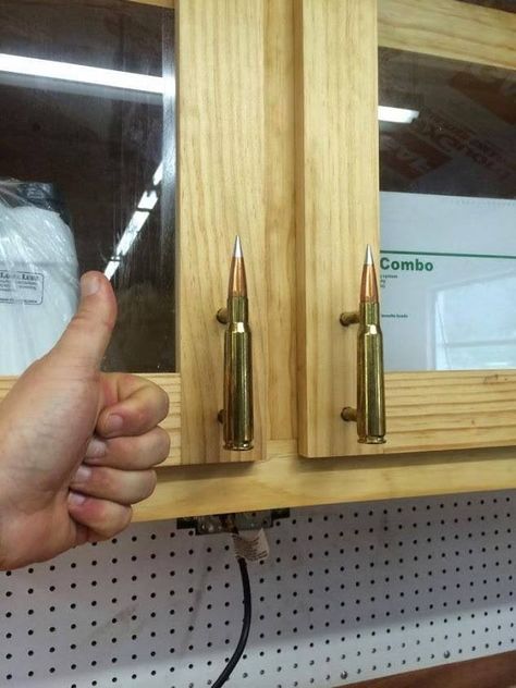 Cabinet handles. I am seriously doing this Reloading Room, Hunting Cabin Decor, Man Cave Ideas, Bullet Crafts, Budget Interior, Ultimate Man Cave, Budget Interior Design, Hunting Room, Man Cave Basement