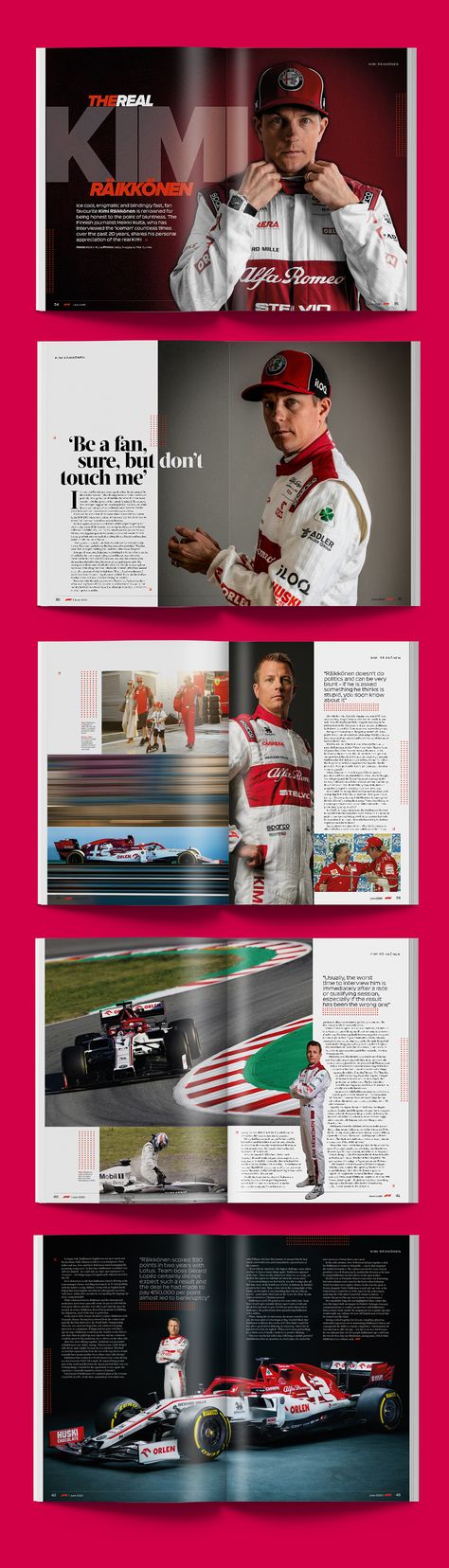 Magazine layout design for Kimi Raikkonen feature for the official Formula 1 magazine. F1 Magazine Design, Clean Magazine Design, Feature Magazine Layout, Sport Editorial Design, Tech Magazine Layout Design, Sport Magazine Layout Design, Magazine Feature Layout, Sports Magazine Layout Design, Sport Magazine Layout