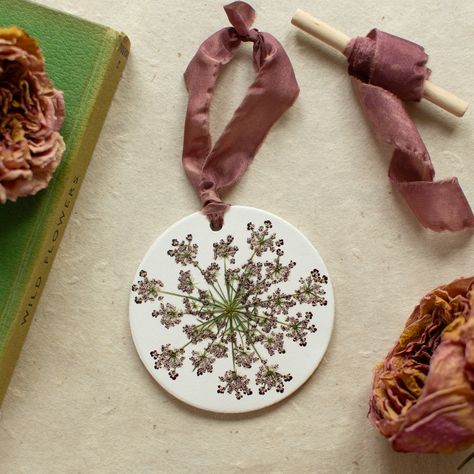 Launching 14th October 🤍 I’m busy working on my new Collection of pressed flower decorations - it’s going to be difficult to part with these, there’s a strong urge to keep them all! #pressedflowers #madewithlove #giftideas #handmade #uksmallbusiness Pretty Flower Art, Queen Anne's Lace Flowers, Hand Dyed Silk Ribbon, Habotai Silk, Queen Anne's Lace, Queen Annes Lace, Floral Craft, Clay Ornaments, Flower Ornaments