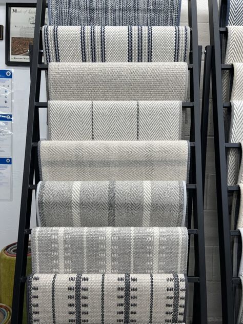 Stair Runner Trends 2023, Modern Staircase Runner, Pinstripe Stair Runner, Dark Carpet On Stairs, Beach House Stair Runner, Accent Carpet On Stairs, Berber Carpet Stairs, Modern Carpet Ideas, Textured Carpet On Stairs