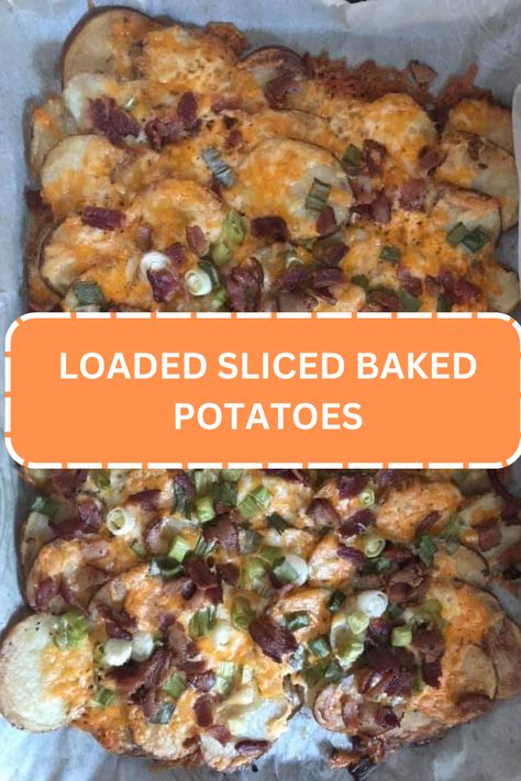 LOADED SLICED BAKED POTATOES Sliced Baked Potatoes, Leftover Baked Potatoes, Buttery Potatoes, Potatoes In The Oven, Baked Potato Slices, Italian Meatloaf, Potato Slices, Potatoes In Oven, Comfort Dinner