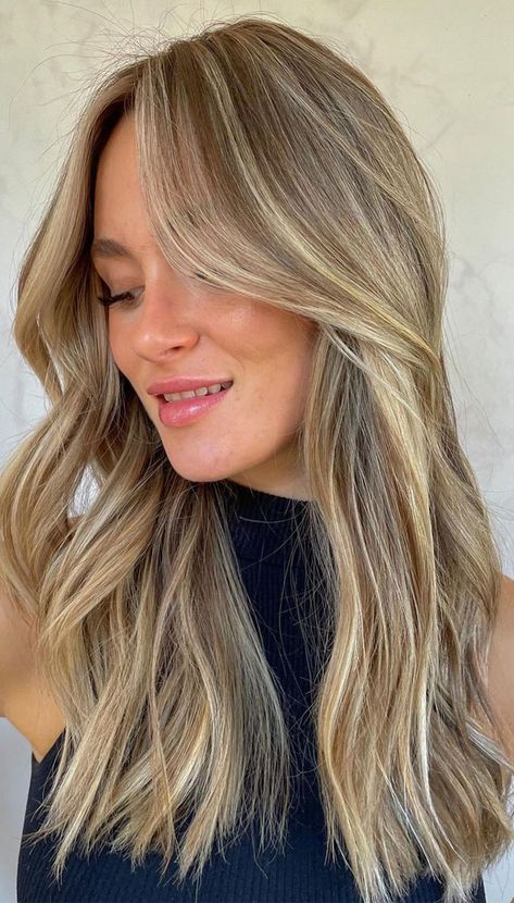 Go From Blonde To Light Brown, Blonde Sunkissed Highlights, Blended Sandy Blonde Hair, Sand Blonde Hair With Highlights, Blonde Burnett Hair, Golden Lived In Blonde, Vanilla Almond Hair, Sun Kissed Blonde Hair Balayage, Baby Highlights On Dirty Blonde Hair