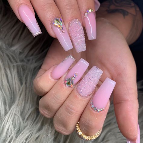 Pink Pixie Nails, Pixie Crystal Nails, Pixie Nails, Pink Acrylic Powder, Pink Pixie, Gel Manicures, Glossier Pink, Nail Idea, Pink Gem