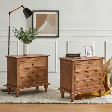 Arthelia 3-Drawers Nightstand with Built-in Charging station and Solid Wood Legs(Set of 2) Large Wood Nightstand, Bedroom Board, Cozy Reading Corners, Nightstand Decor, Outdoor Kitchen Grill, 3 Drawer Nightstand, Wooden Nightstand, Master Decor, White Nightstand