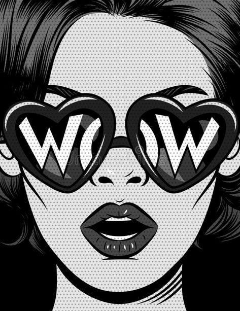 Black And White Illustration In Comic Pop Art Style. The Girl In Glasses In The Shape Of A Heart With An Inscription Wow. T Stock Illustration - Illustration of head, frame: 139527422 Girl In Glasses, Pop Art Comic Girl, Comic Pop Art, Pop Art Drawing, Vintage Pop Art, Pop Art Girl, Pop Art Illustration, Pop Art Canvas, Pop Art Comic