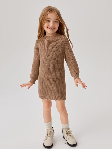 Mocha Brown Casual Collar Long Sleeve Polyester Plain  Embellished High Stretch All Toddler Girls Clothing Girls Sweater Dress, Knitted Jumper Dress, Winter Family, Mocha Brown, Brown Fabric, Ribbed Knit Sweater, Knit Sweater Dress, Toddler Girl Outfits, Jumper Dress