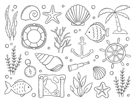 Underwater Doodles Simple, Shell Doodles Easy, Sea Shell Doodle, Seaweed Tattoo Simple, Seaweed Drawing Easy, Seaside Doodles, Sea Doodle Art, Coastal Doodles, Fish Sketch Simple