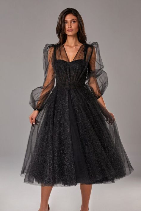 16 Gorgeous Black Wedding Dresses 2021 - MillaNova Sparkly Tulle Dress, Midi Tulle Dress, Puffy Tulle Skirt, Black Wedding Guest Dresses, Milla Dresses, Sheer Overlay Dress, Dress Weights, Fall Wedding Guest Dress, فستان سهرة